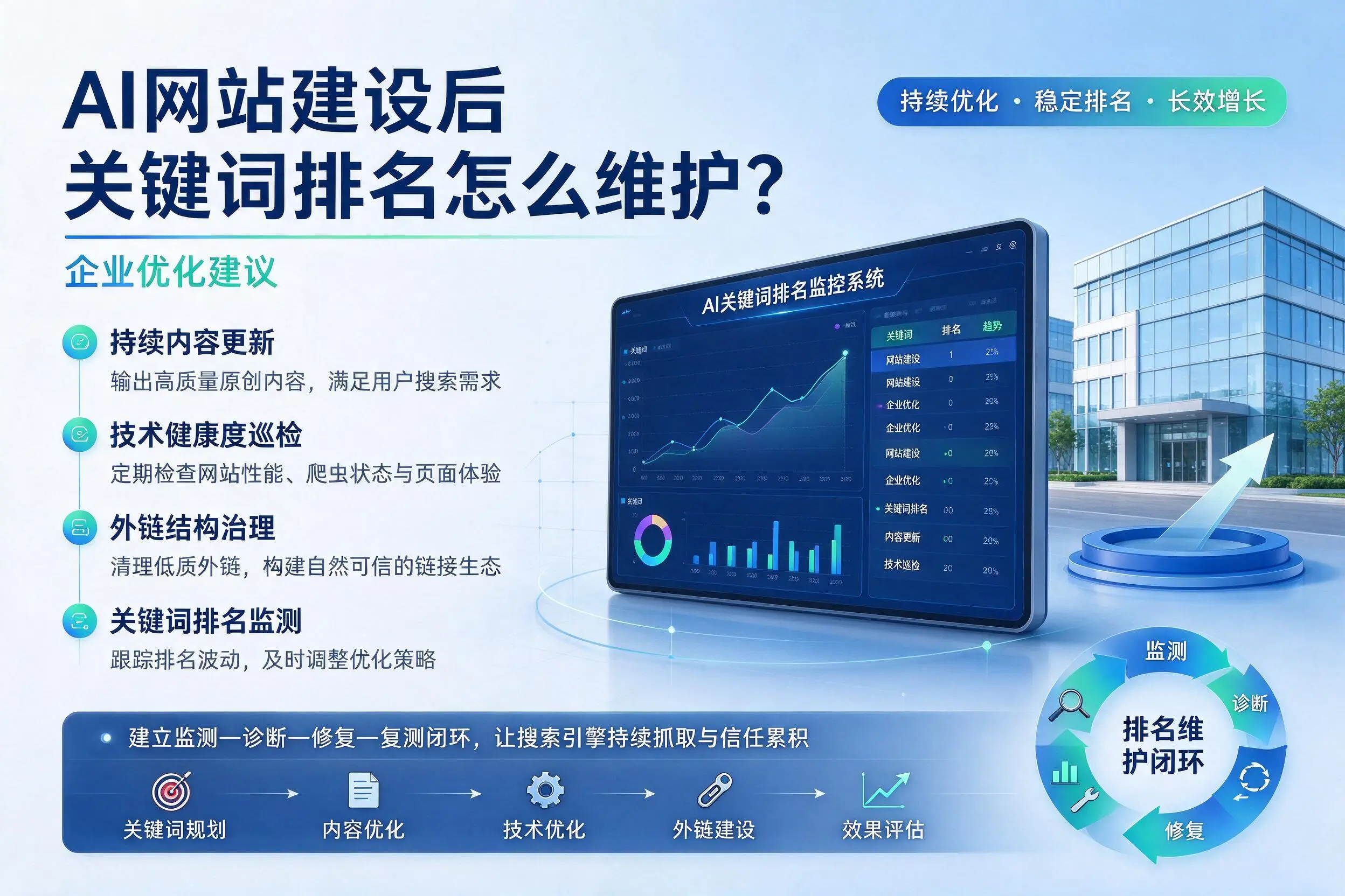 AI网站建设后关键词排名怎么维护？茂名企业优化建议
